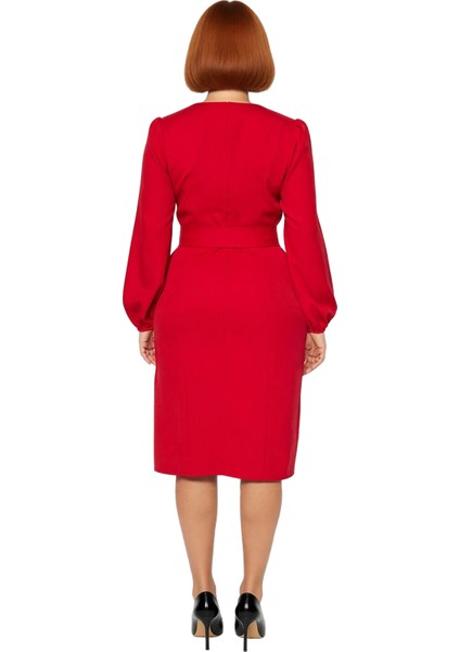 Kadın Shift Kalıp Kare Yaka Balon Kol Uzun Kollu Midi Boy Düz Dokuma Yırtmaç Detaylı Elbise fırsatları