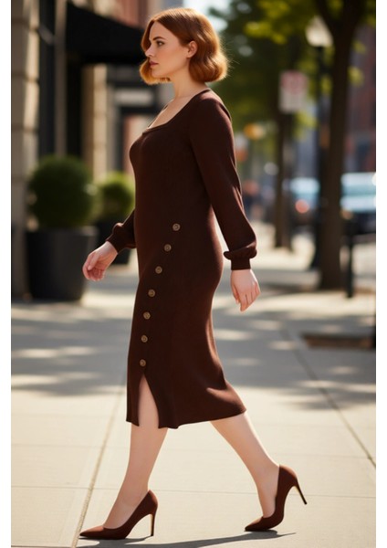 Kadın Fitilli Bodycon Midi Triko Elbise Uzun Kollu Kare Yaka Düğme Detaylı Yırtmaçlı Kaliteli