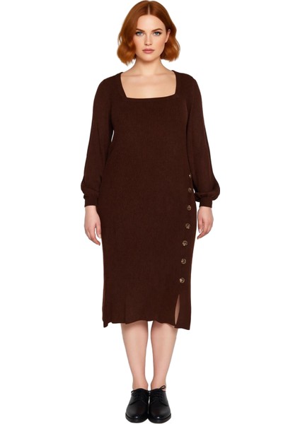 Kadın Fitilli Bodycon Midi Triko Elbise Uzun Kollu Kare Yaka Düğme Detaylı Yırtmaçlı Kaliteli modelleri