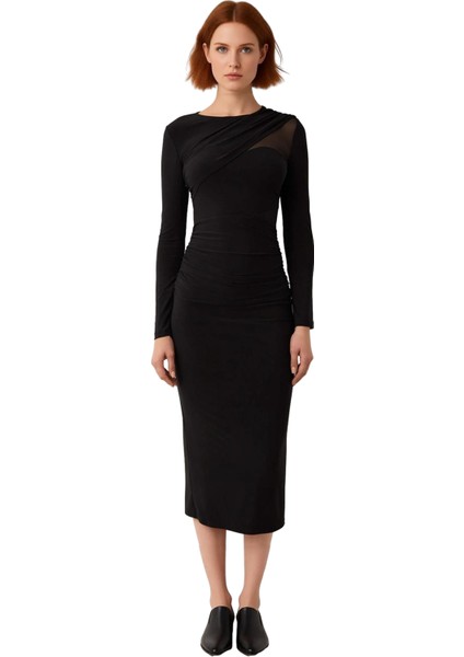 Kadın Bodycon Örme Midi Elbise Bisiklet Yaka Uzun Kol Şık ve Modern Kışlık Kokteyl Tasarımı modelleri