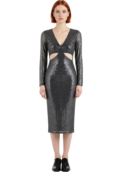 Kadın Bodycon Kesim Midi Boy Payetli Cut Out Detaylı V Yaka Abiye Elbise Özel Günler Için Ideal modelleri