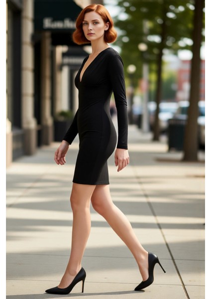 Kadın Uzun Kollu V Yaka Vücudu Saran Mini Elbise Şık Gece Davetleri Için Ideal Bodycon Kesim