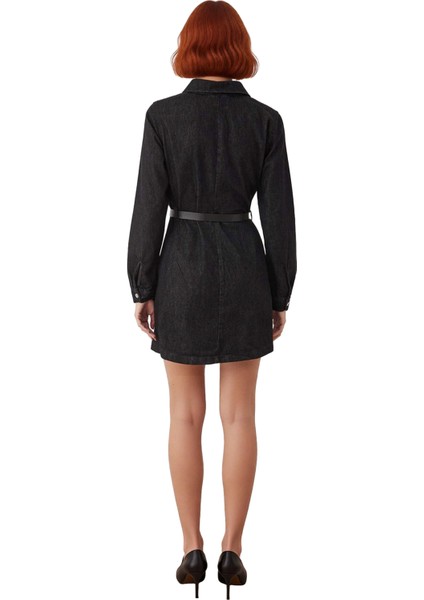 Kadın Modern A Line Denim Elbise Uzun Kollu Gömlek Yaka Kemer Detaylı Mini Boy Pamuklu Günlük Stil modelleri