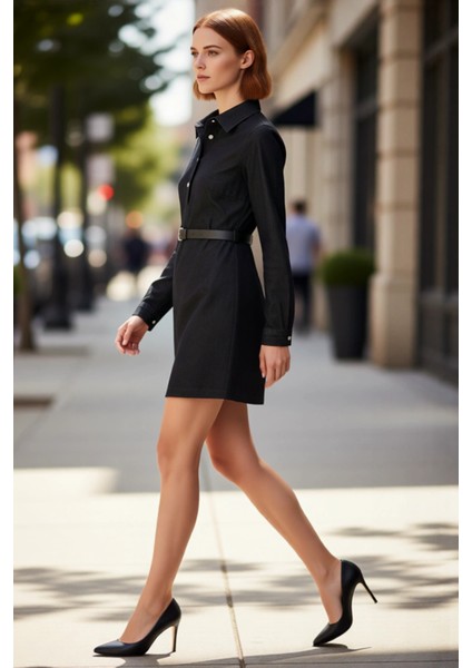 Kadın Modern A Line Denim Elbise Uzun Kollu Gömlek Yaka Kemer Detaylı Mini Boy Pamuklu Günlük Stil fırsatları