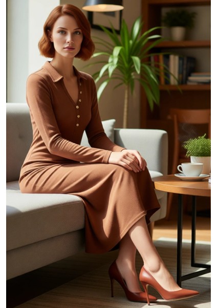 Kadınlar Için Polo Yaka Bodycon Uzun Kollu Fitilli Maxi Örme Elbise Kış Kombinlerinize Zarafet Katar