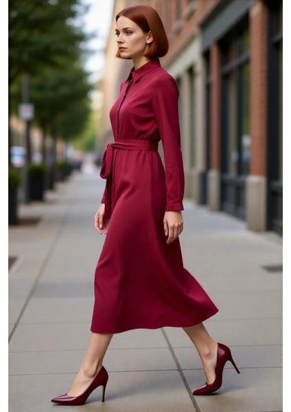 Kadın Düz Bordo Gömlek Yaka Kuşaklı Midi Dokuma Elbise Modern Şıklık Sunar Ilkbahar Sonbahar