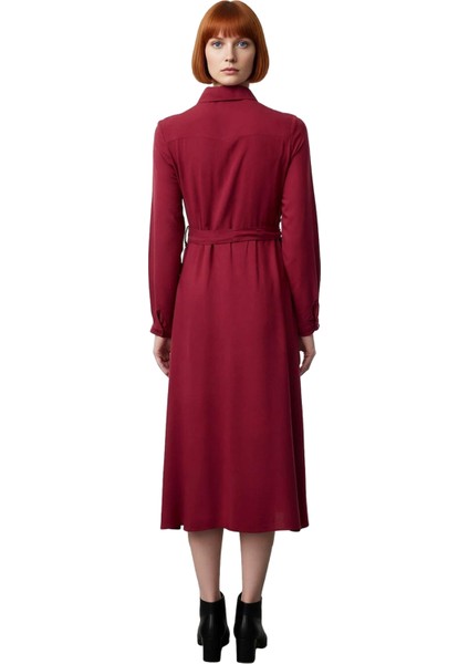 Kadın Düz Bordo Gömlek Yaka Kuşaklı Midi Dokuma Elbise Modern Şıklık Sunar Ilkbahar Sonbahar fırsatları