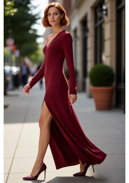 Kadın Düz Desen V Yaka Uzun Kol Maxi Boy Bodycon Örme Elbise Gündüzden Geceye Şık Görünüm Kaliteli fırsatları
