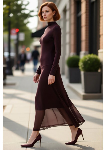 Kadınlar Için A Kesim Dik Yaka Uzun Kollu Örme Midi Elbise Şık ve Konforlu Giyim Deneyimi Kaliteli