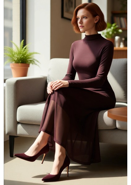 Kadınlar Için A Kesim Dik Yaka Uzun Kollu Örme Midi Elbise Şık ve Konforlu Giyim Deneyimi Kaliteli fiyatları