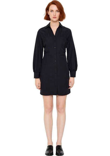 Kadın Siyah Düz Desenli Büzgü Detaylı A Line Dokuma Gömlek Elbise Günlük Şıklık Için Ideal modelleri