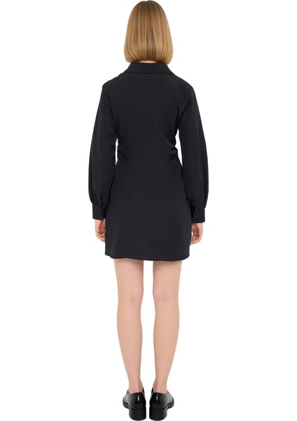 Kadın Siyah Düz Desenli Büzgü Detaylı A Line Dokuma Gömlek Elbise Günlük Şıklık Için Ideal fırsatları