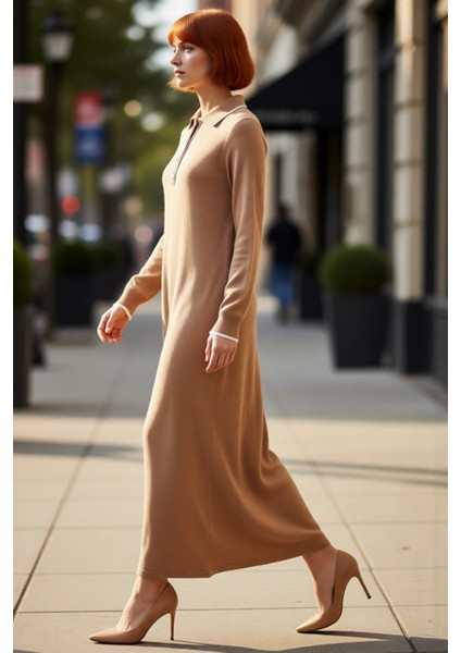 Kadın Maxi A Line Triko Elbise Polo Yaka Düşük Kol Detaylı Biyeli Kışlık Rahatlık ve Şıklık