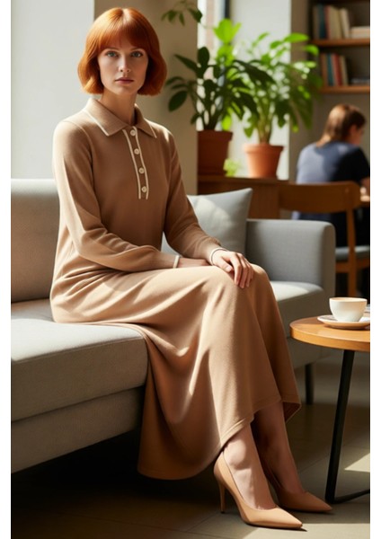 Kadın Maxi A Line Triko Elbise Polo Yaka Düşük Kol Detaylı Biyeli Kışlık Rahatlık ve Şıklık fiyatları