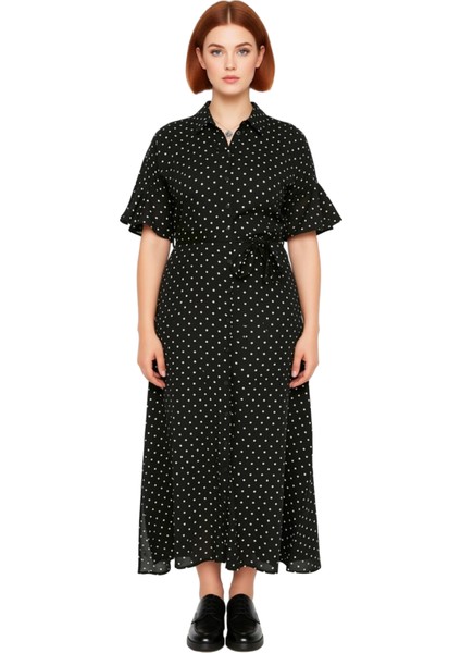 Kadın A Line Kuşaklı Maxi Boy Gömlek Yaka Kısa Melek Kol Soyut Desenli Viskon Elbise Ilkbahar Yaz modelleri