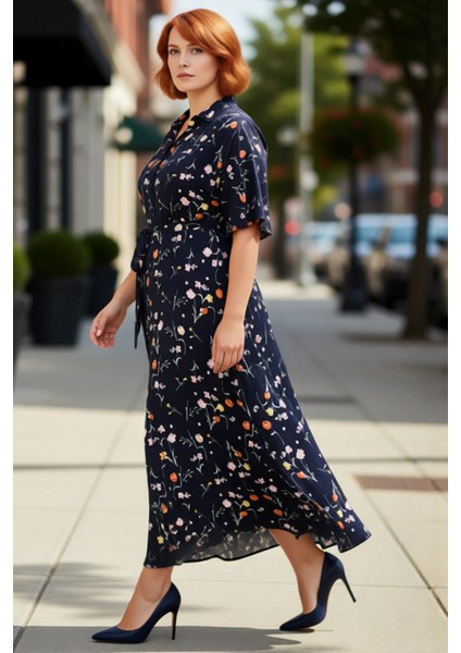 Kadın Büyük Beden A Line Çiçekli Gömlek Yaka Viskon Kumaş Maxi Elbise Kısa Melek Kol Tasarımı