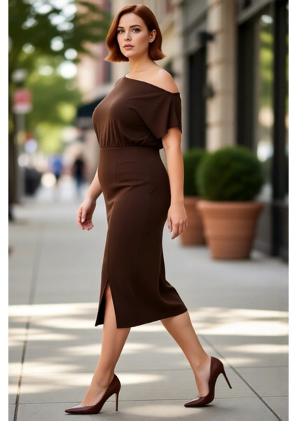 Kadın Asimetrik Yaka Bodycon Midi Elbise Şık Modern Düz Tasarım Ilkbahar Sonbahar Davetleri Için