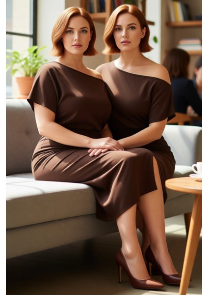 Kadın Asimetrik Yaka Bodycon Midi Elbise Şık Modern Düz Tasarım Ilkbahar Sonbahar Davetleri Için fiyatları