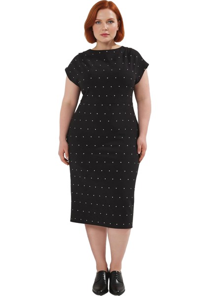 Kadın Büyük Beden Taş Işlemeli Şık Parti Mezuniyet Elbisesi Kayık Yaka Dokuma Diz Boyu Zarif Kesim modelleri