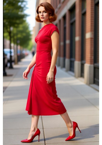 Kadın Tek Omuz Drapeli Midi Abiye Elbise Özel Günler Için Kayık Yaka A Line Kokteyl Şıklığı Sunar.