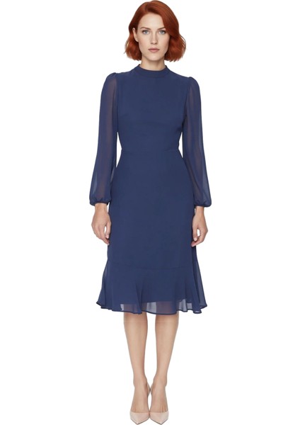 Kadın Şık A Kesim Uzun Balon Kollu Dik Yaka Midi Boy Şifon Dokuma Astarlı Düz Elbise Kaliteli modelleri