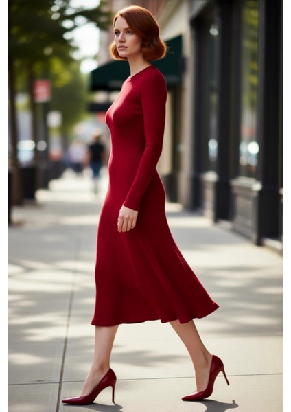 Kadınlar Için Akrilik Triko Midi Elbise Bisiklet Yaka Uzun Kollu Düz Desen Günlük Şık Tasarım