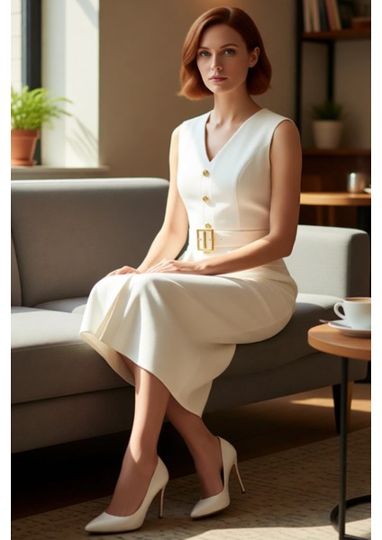 Kadın Bodycon Kesim Kolsuz V Yaka Kemerli Midi Elbise Aksesuar Detaylı Şık ve Modern Finike Dokuma fiyatları