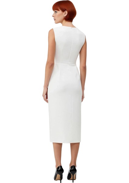 Kadın Bodycon Kesim Kolsuz V Yaka Kemerli Midi Elbise Aksesuar Detaylı Şık ve Modern Finike Dokuma fırsatları