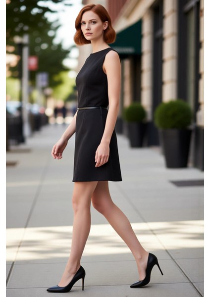 Kadın Siyah Düz Kemerli Mini A Line Kolsuz Bisiklet Yaka Örme Elbise Şık Kış Davetleri Için Ideal