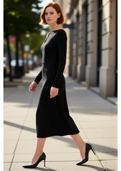 Kadın Bodycon Maxi Örme Elbise Aksesuar Detaylı Şık Kışlık Uzun Kollu Gündüz Gece Kombin Kaliteli