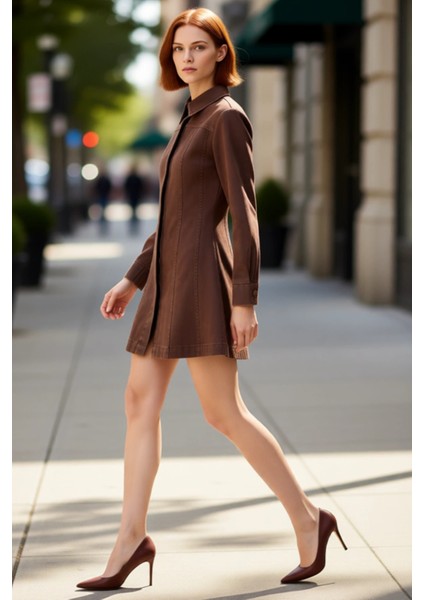 Kadın %100 Pamuk A Line Mumlu Gabardin Dokuma Elbise Gömlek Yaka Uzun Kollu Kışlık Şıklığı