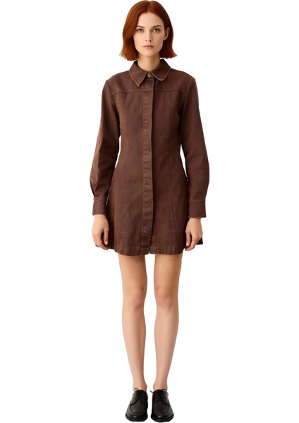 Kadın %100 Pamuk A Line Mumlu Gabardin Dokuma Elbise Gömlek Yaka Uzun Kollu Kışlık Şıklığı modelleri