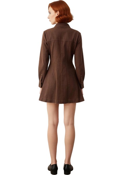 Kadın %100 Pamuk A Line Mumlu Gabardin Dokuma Elbise Gömlek Yaka Uzun Kollu Kışlık Şıklığı fırsatları