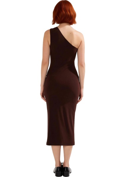 Kadın Bodycon Tek Omuz Midi Elbise Drapeli Şık Tasarımıyla Esnek Örme Kumaş Konforu Sunuyor fırsatları