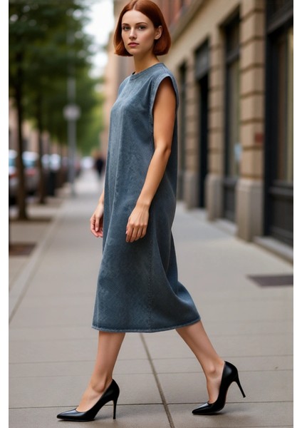 Kadınlar Için %100 Pamuk Yıkamalı Bisiklet Yaka Midi Boy Rahat Kesim Ay Kol T Shirt Elbise