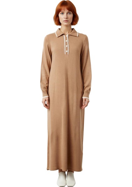 Kadın Maxi A Line Triko Elbise Polo Yaka Düşük Kol Detaylı Biyeli Kışlık Rahatlık ve Şıklık modelleri