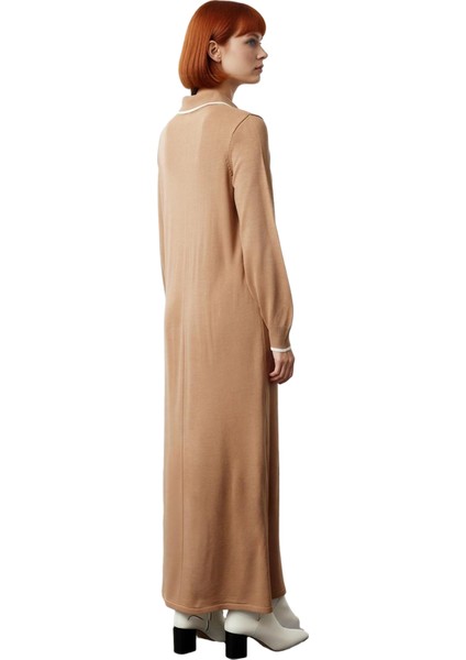 Kadın Maxi A Line Triko Elbise Polo Yaka Düşük Kol Detaylı Biyeli Kışlık Rahatlık ve Şıklık fırsatları