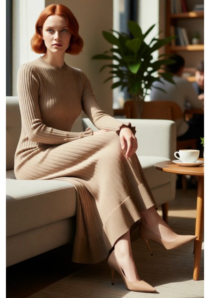 Kadın Bej Ribana Triko Maxi Elbise Eteği Fırfırlı Incili Düşük Kol Bisiklet Yaka Tasarımı Kaliteli fiyatları