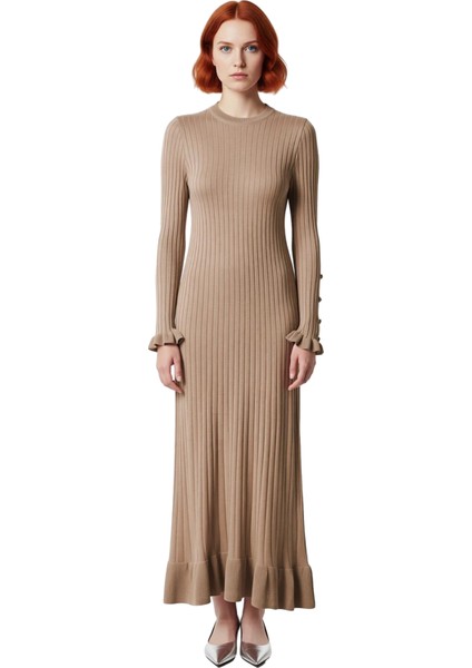 Kadın Bej Ribana Triko Maxi Elbise Eteği Fırfırlı Incili Düşük Kol Bisiklet Yaka Tasarımı Kaliteli modelleri