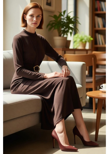 Kadın Dik Yaka Uzun Kollu Sandy Örme Bodycon Maxi Elbise Şık Toka Detaylı Günlük Kombinler Için fiyatları