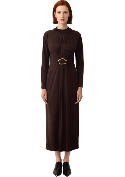 Kadın Dik Yaka Uzun Kollu Sandy Örme Bodycon Maxi Elbise Şık Toka Detaylı Günlük Kombinler Için modelleri