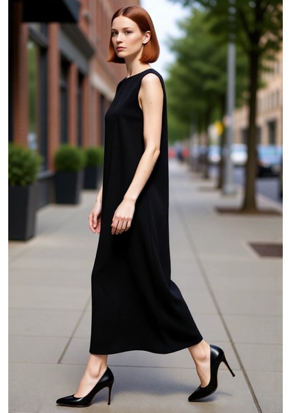 Kadın Shift Kalıp Aerobin Dokuma Düz Maxi Elbise Kolsuz Bisiklet Yaka Günlük Şıklık Sunuyor