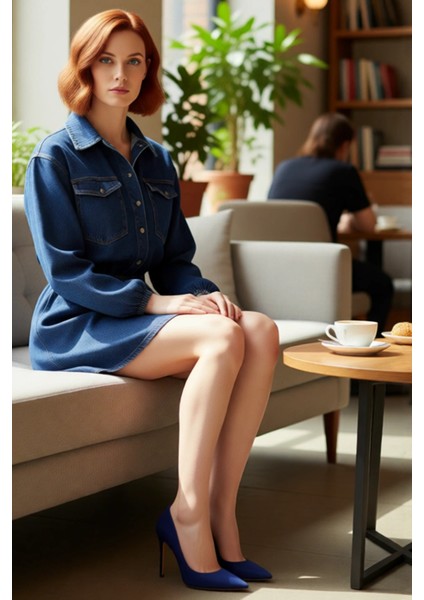 Kadın Lacivert %100 Pamuk Uzun Kollu Gömlek Yaka Lastikli Belli Skater Mini Denim Elbise Kaliteli fiyatları