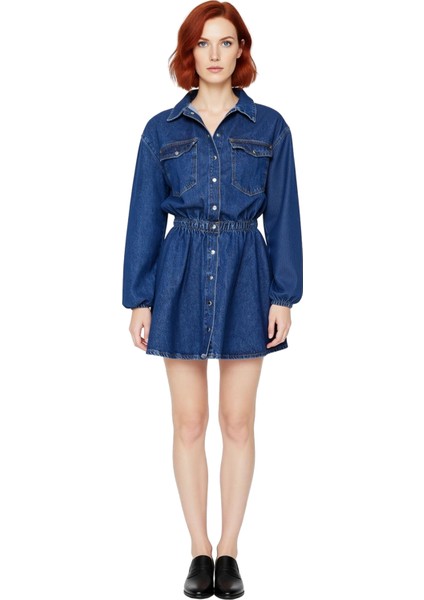 Kadın Lacivert %100 Pamuk Uzun Kollu Gömlek Yaka Lastikli Belli Skater Mini Denim Elbise Kaliteli modelleri