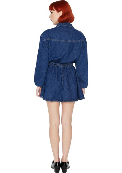 Kadın Lacivert %100 Pamuk Uzun Kollu Gömlek Yaka Lastikli Belli Skater Mini Denim Elbise Kaliteli fırsatları