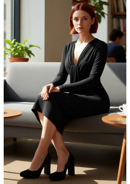 Kadın Fashion Forward Bodycon Maxi Elbise Düz V Yaka Uzun Kollu Büzgü Detaylı Kışlık Şıklık