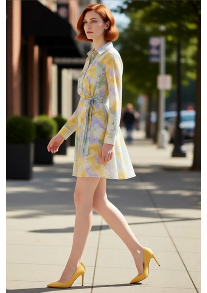 Kadın Şifon Dokuma Skater Mini Elbise Uzun Kollu Çiçekli Gömlek Yaka Kuşak Detaylı Kaliteli fırsatları