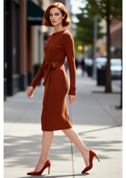 Kadın Kuşaklı Bodycon Triko Midi Elbise Bisiklet Yaka Uzun Standart Kollu Şık Ilkbahar Sonbahar