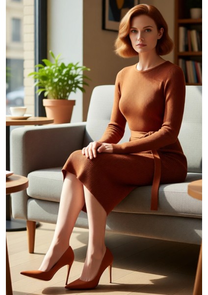 Kadın Kuşaklı Bodycon Triko Midi Elbise Bisiklet Yaka Uzun Standart Kollu Şık Ilkbahar Sonbahar fiyatları