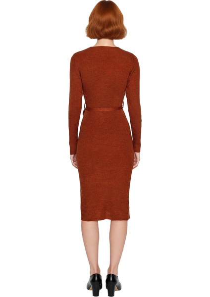 Kadın Kuşaklı Bodycon Triko Midi Elbise Bisiklet Yaka Uzun Standart Kollu Şık Ilkbahar Sonbahar fırsatları